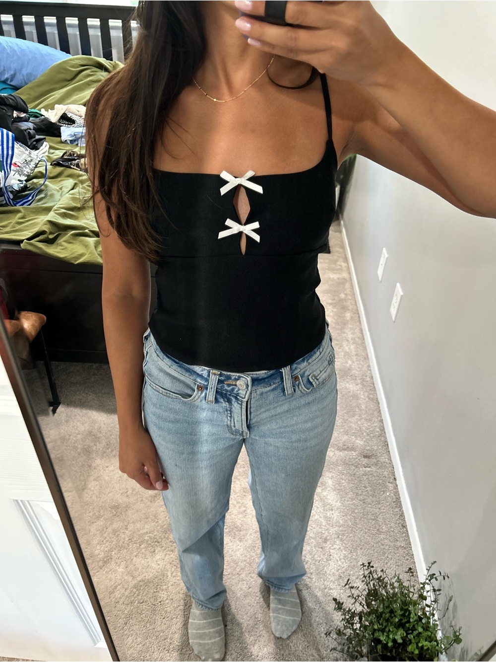 Blue Blush Black Spaghetti-Strap Tank with White Bows